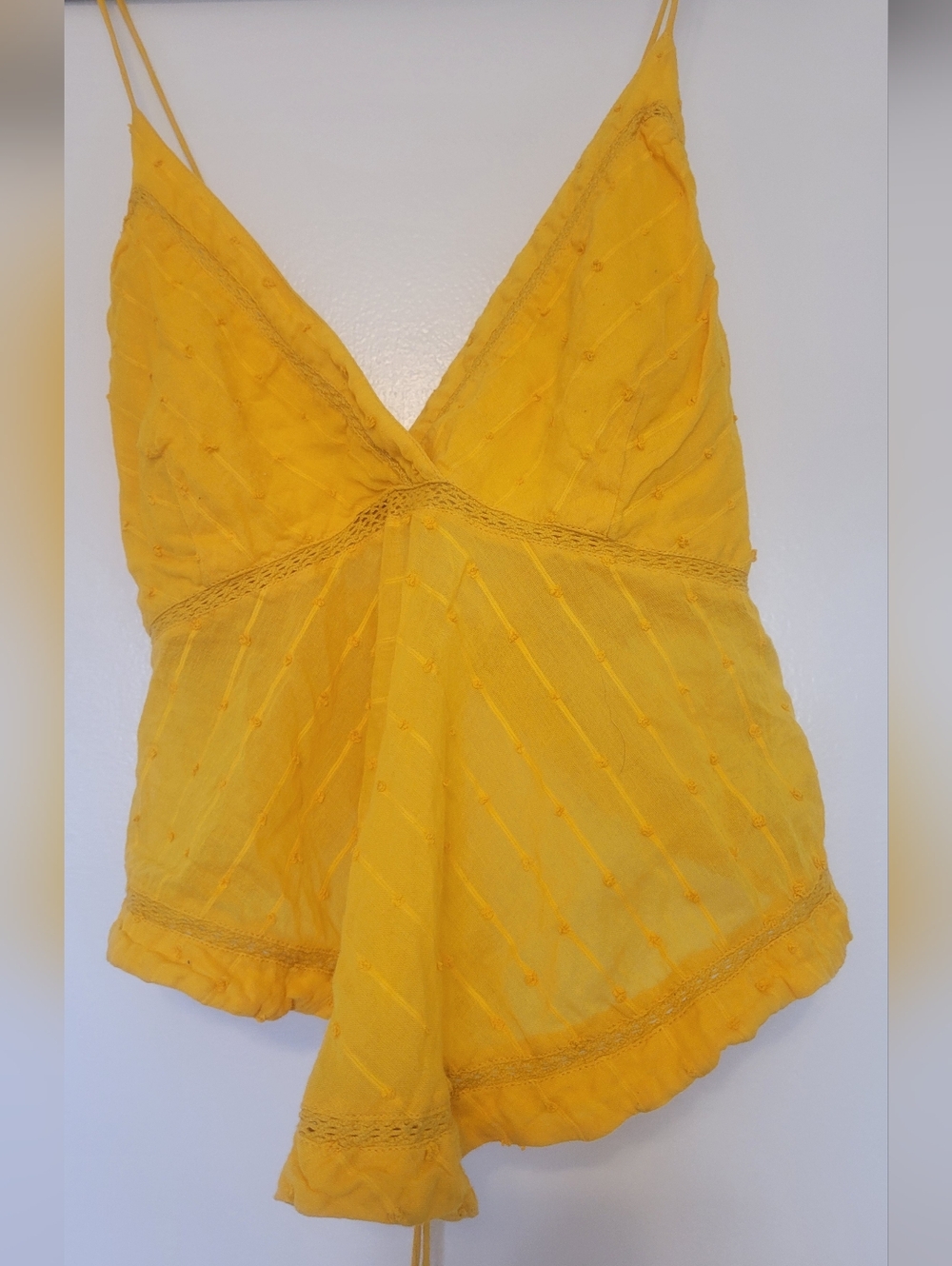 Free People Yellow Boho Camisole Tassel Tie Flowy Lace Trim Top Size L